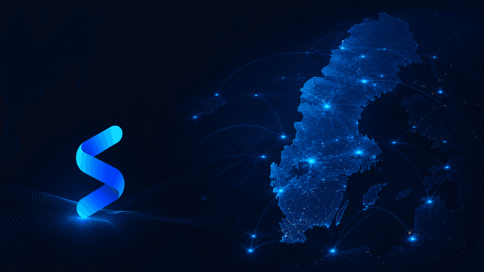 Digital karta över Sverige med upplysta företagsnätverk och Sellras symbol